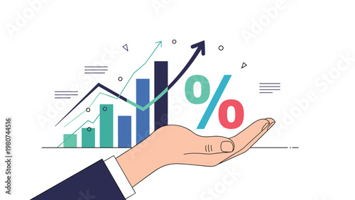 Business hand holding a collection of rising bar graphs and a large colorful percentage symbol representing financial interest and growth.