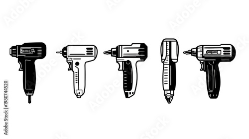 Five stylized black and white illustrations of various power drill tools