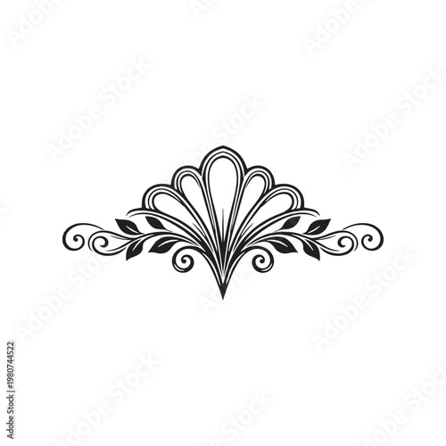 Elegant black art nouveau symmetrical ornament with fan crown and scroll volutes — vintage decorative flourish vector illustration for luxury, wedding, jewelry, and classical design