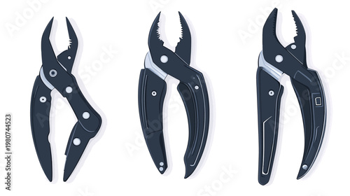 Three stylized illustrations of pliers arranged horizontally against a white background