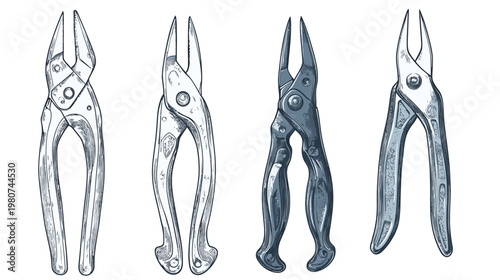 Hand-drawn set showcasing four different pliers tools, isolated on a white backdrop