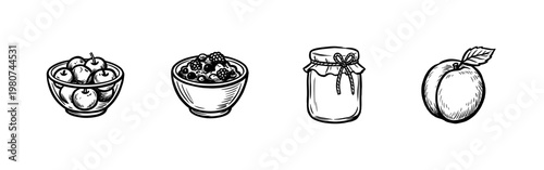 Fruit Preserves and Sweet Jam Glass Jars with Fresh Berries and Orchard Fruits in Hand-Drawn Painterly Style with Fluid Ink Brush Strokes