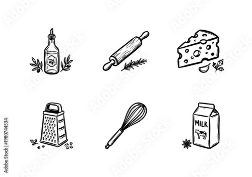 Kitchen Utensils and Baking Ingredients for Cooking Design with Fluid Ink Brush Strokes in Hand-Drawn Painterly Style