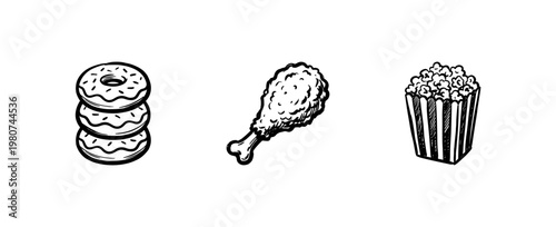 Fast Food Snacks and Junk Food Meal Elements with Inky Brush Strokes and Hand-Drawn Painterly Aesthetic
