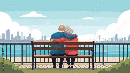 Older man and woman sitting on a wooden bench together and looking out over a river towards a large city skyline during sunset.