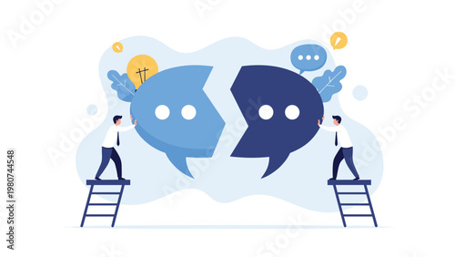 Two businessmen on ladders working together to reconnect the pieces of a broken speech bubble symbolizing the repair of communication.