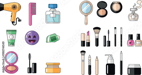 Colorful Beauty and Personal Care Icons Set with Makeup, Skincare, and Hair Tools for Digital Media, Apps, and Websites