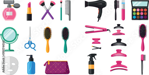 Beauty and Hair Care Tools Icons Set with Cosmetics, Accessories, and Grooming Equipment for Personal Care and Salon, Digital Illustrations for Apps and Websites