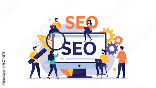 Team of digital marketing professionals working together around a large computer monitor with the word SEO to optimize website ranking.