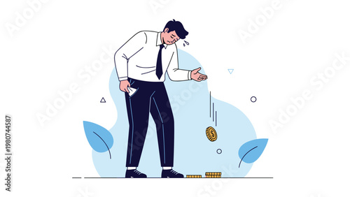 Dejected businessman in a shirt and tie standing with his pockets turned out as his last gold coin falls to the ground.
