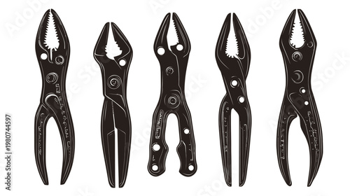 Five different variations of pliers shown in black on a white background
