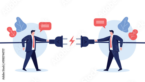 Collaborative business partners connecting two giant electrical plugs to symbolize partnership, energy, and shared goals.