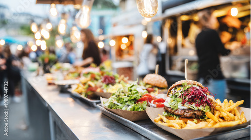 Street food festival offering gourmet burgers, crispy fries, and fresh salads on a lively evening