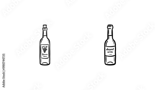 Wine Bottles and Assorted Stemware Glassware with Fluid Ink Brush Strokes and Hand-Drawn Painterly Aesthetic