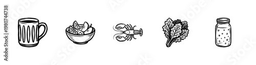 Seafood Ingredients and Kitchenware Elements with Fluid Ink Brush Strokes in Hand-Drawn Painterly Style