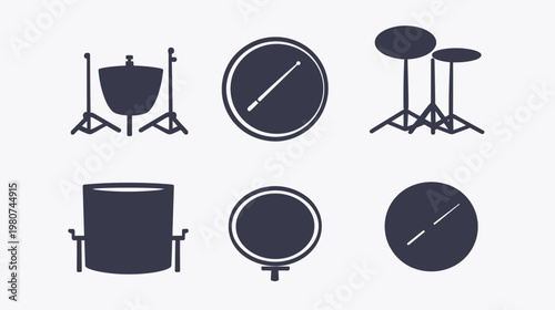 Dark blue icon set of drum kit timpani, snare, cymbals, bass drum and drum sticks