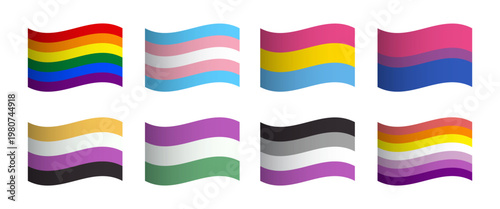 LGBTQ Wavy Flag Set with Shadow Effect Pride Flag Collection Curved Ribbon Style LGBTQ+ Identity Flags Editable Modern Illustration