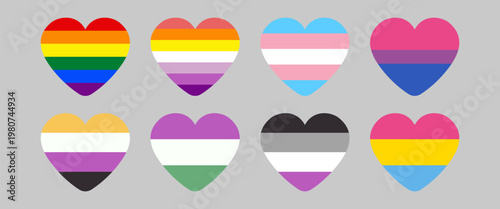 LGBTQ Heart Icon Set Pride Love Symbols Collection Rainbow and Identity Flags in Heart Shape Clean Flat Design Isolated Vector Style