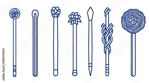 Line drawing Decorative hair sticks with floral & geometric elements on white