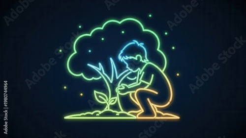 Vibrant neon illustration of a child nurturing a glowing plant beneath an illuminated tree