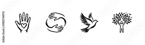 Human Care and Wellness Community Concepts with Fluid Ink Brush Strokes and Hand-Drawn Painterly Style for Charity and Non-Profit Branding