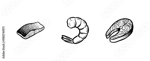 Seafood and Fresh Fish Market Elements with Hand-Drawn Painterly Aesthetic and Fluid Ink Brush Strokes