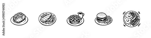 English Pub Food and British Cuisine Gastronomy in Hand-Drawn Inky Brush Style with Organic Calligraphic Strokes