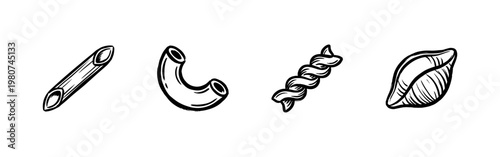 Italian Pasta Varieties and Dried Macaroni Shapes with Fluid Ink Brush Strokes in Hand-Drawn Painterly Style