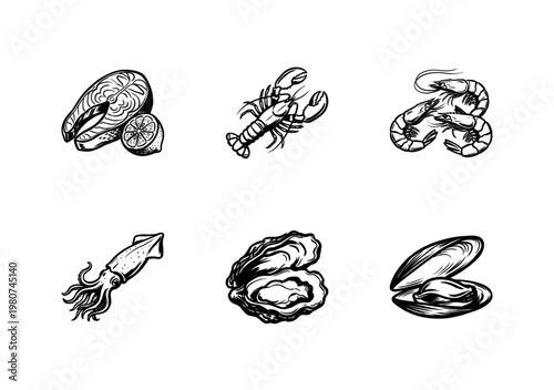 Seafood and Marine Delicacies with Raw Fish and Shellfish in Hand-Drawn Painterly Style with Fluid Ink Brush Strokes