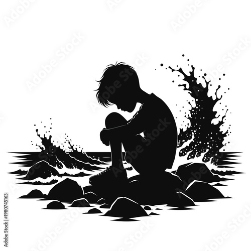 Sad boy silhouette sitting on rocks by the sea, lonely child profile against ocean waves, emotional depression and solitude concept vector illustration