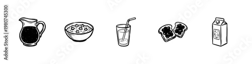 Healthy Breakfast Food and Morning Beverages with Fluid Ink Brush Strokes in Hand-Drawn Painterly Style