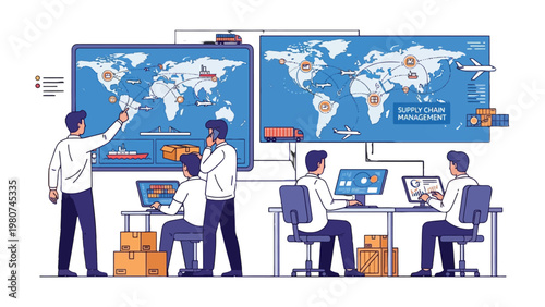 Global Logistics Network: A team collaborates around a world map, planning and strategizing to optimize the intricate details of supply chain management.