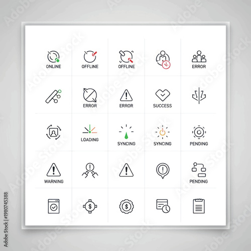 Collection of minimalist line icons arranged in a neat grid within a framed wall art panel.