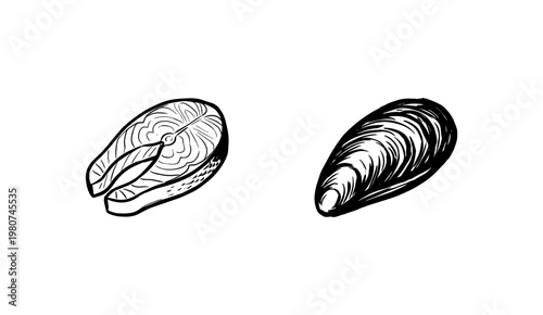 Fresh Seafood and Raw Fish Portions with Fluid Ink Brush Strokes and Hand-Drawn Painterly Style