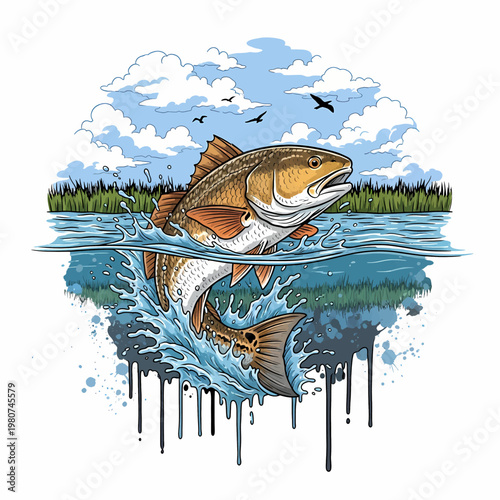 Redfish Red drum fish jumping out of water in a marsh landscape illustration