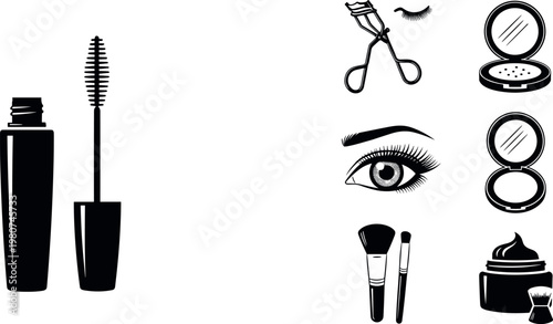 Cosmetic Tools and Makeup Accessories Icons Set for Beauty, Eye Care, and Personal Grooming, Digital Illustrations for Web and App Designs