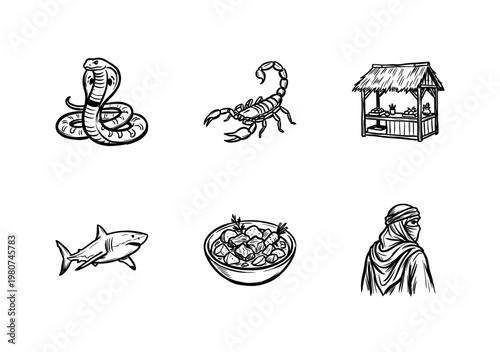 Desert Culture and Wildlife Elements with Hand-Drawn Inky Brushwork and Organic Calligraphic Strokes