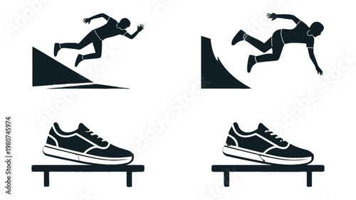 Athletic Action Sequences: A dynamic illustration showcases an athlete navigating ramps and performing parkour, juxtaposed with the sturdy outline of a athletic shoe. 