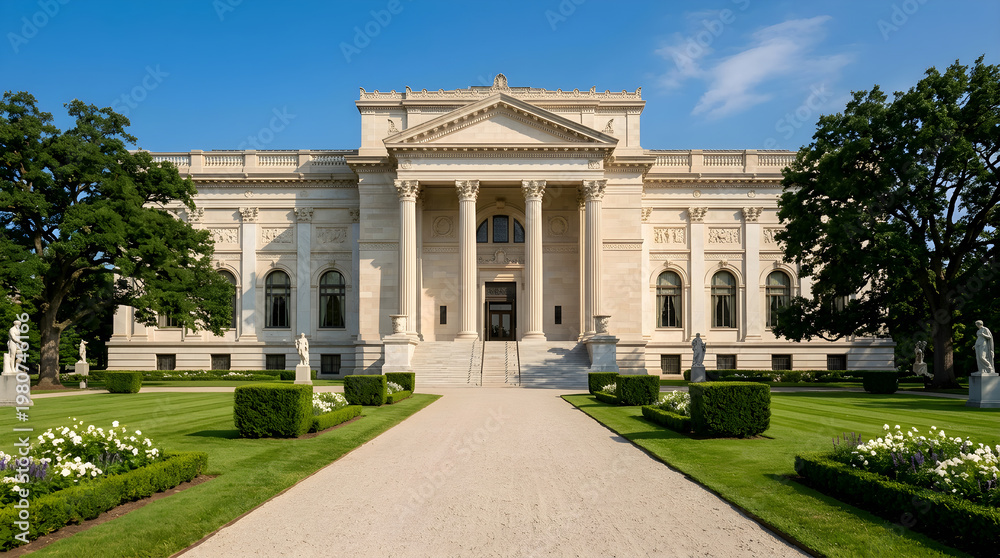Fototapeta premium Classical building with manicured lawn and statues
