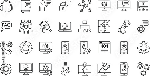 Technical support line icon set featuring troubleshooting settings FAQ network communication system maintenance symbols outline vector collection technology service
