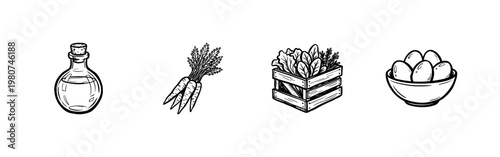 Organic Farm Produce and Healthy Food Elements with Fluid Ink Brush Strokes and Hand-Drawn Inky Aesthetic