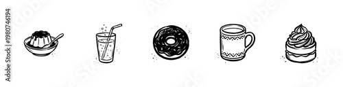 Cafe Food and Sweet Dessert Treats with Hand-Drawn Inky Outlines and Organic Brush Strokes