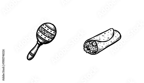 Mexican Culture and Traditional Food Elements with Inky Brush Strokes and Hand-Drawn Painterly Style