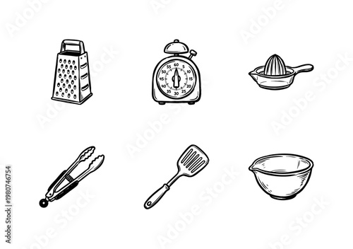 Kitchen Utensils and Culinary Cooking Tools with Hand-Drawn Ink Brush Strokes and Detailed Cross-Hatch Shading for Food Design Projects