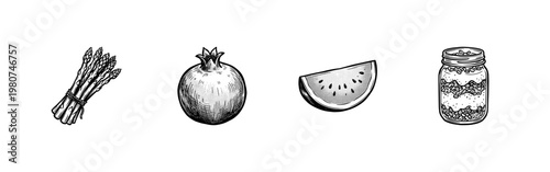 Healthy Whole Foods and Organic Grocery Ingredients with Hand-Drawn Inky Brush Strokes and Painterly Ink Wash Textures