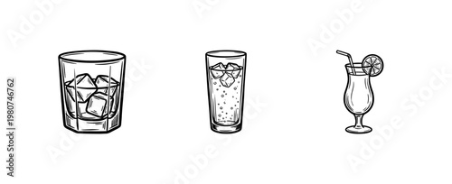 Classic Bar Glassware and Cocktail Drink Icons with Inky Brush Strokes and Hand-Drawn Painterly Aesthetic