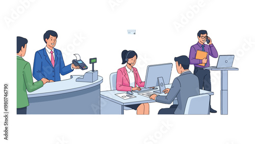 Business Customer Service Interaction: A snapshot of a dynamic customer service setting, capturing service professionals assisting customers with transactions and inquiries. Focused on teamwork.