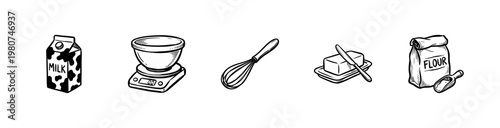 Baking Ingredients and Kitchen Cooking Equipment with Hand-Drawn Ink Brush Strokes and Vintage Inky Aesthetic