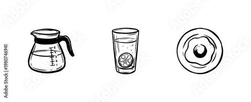 Breakfast Food and Morning Beverage Elements with Hand-Drawn Inky Brushwork and Fluid Calligraphic Strokes