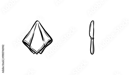 Dining Utensils and Restaurant Tableware Settings with Fluid Ink Brush Strokes and Hand-Drawn Painterly Style